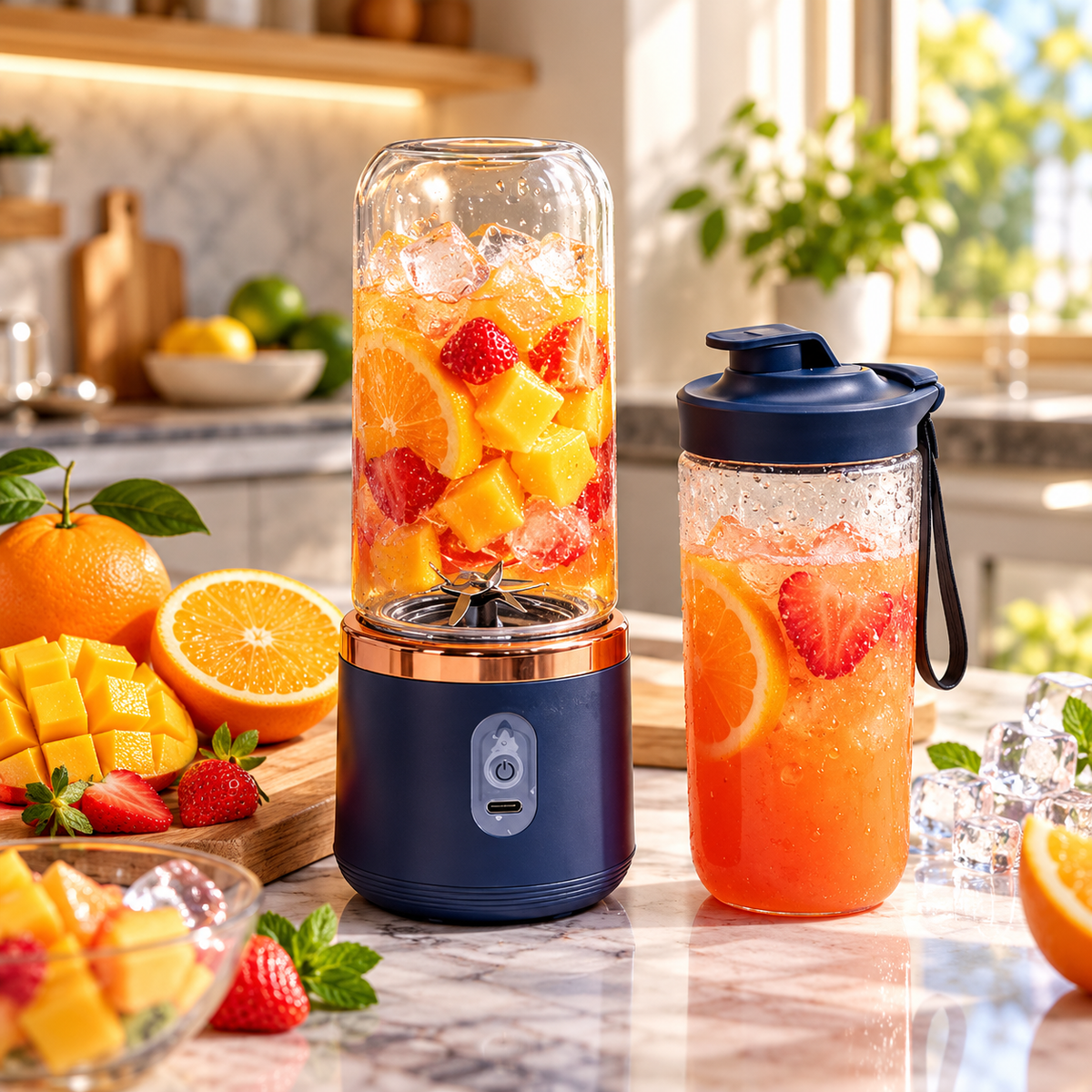 Liquidificador portátil elétrico esen-cia com 6 lâminas para sucos, smoothies e ice crush, ideal para preparar bebidas frescas.
