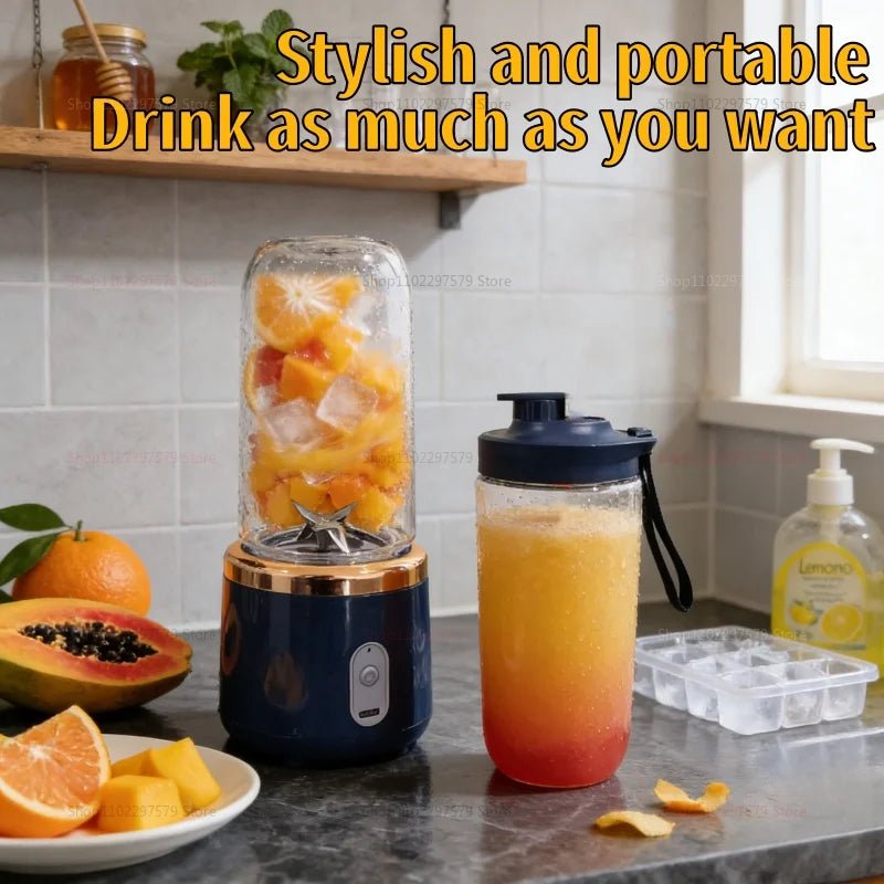 Liquidificador portátil electric com 6 lâminas, marca esen-cia, para sucos, smoothies e triturador de gelo em uso.