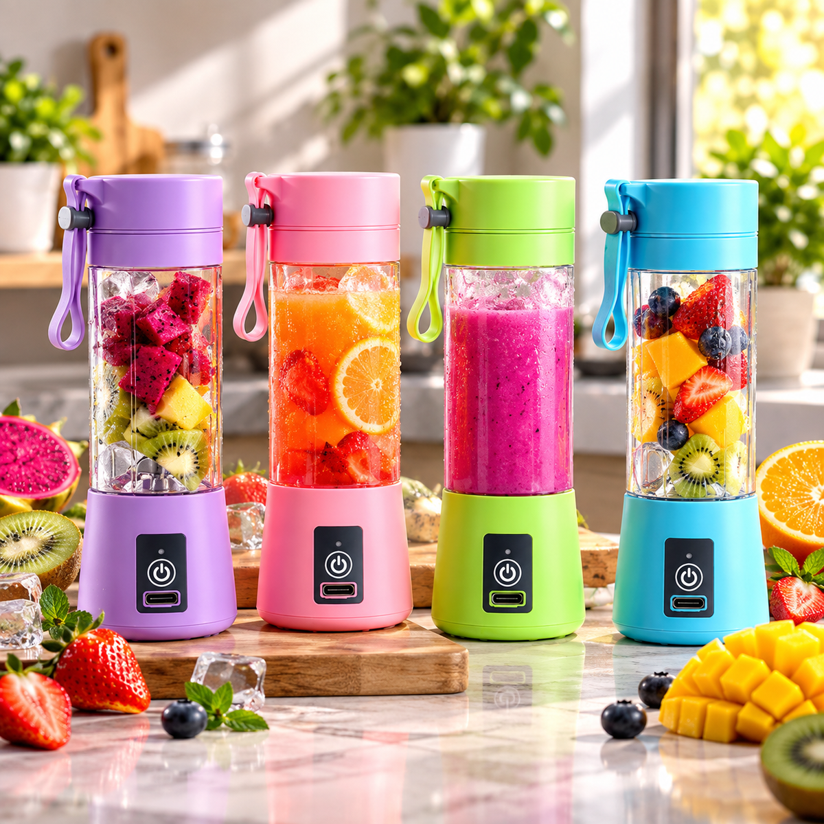 Liquidificador portátil esen-cia para smoothies e vitaminas, copo mini recarregável, ideal para viagens e uso diário.