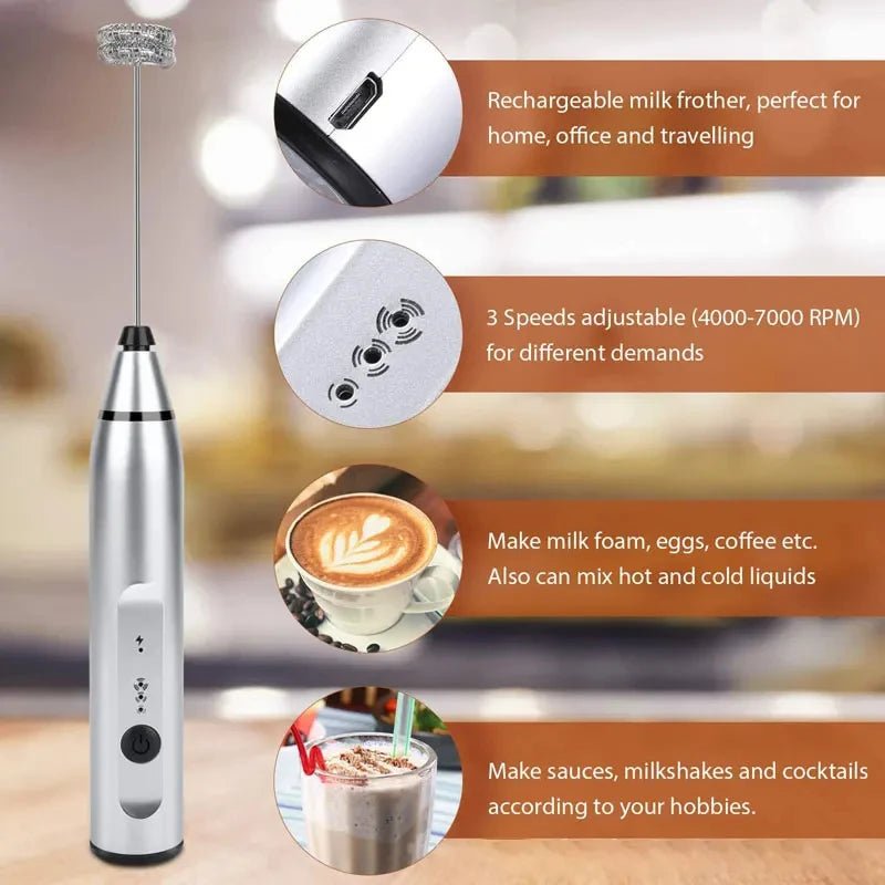 Batedor elétrico portátil da esen-cia, utensílio manual para cappuccino, café, ovos e alimentos, com design compacto e USB.