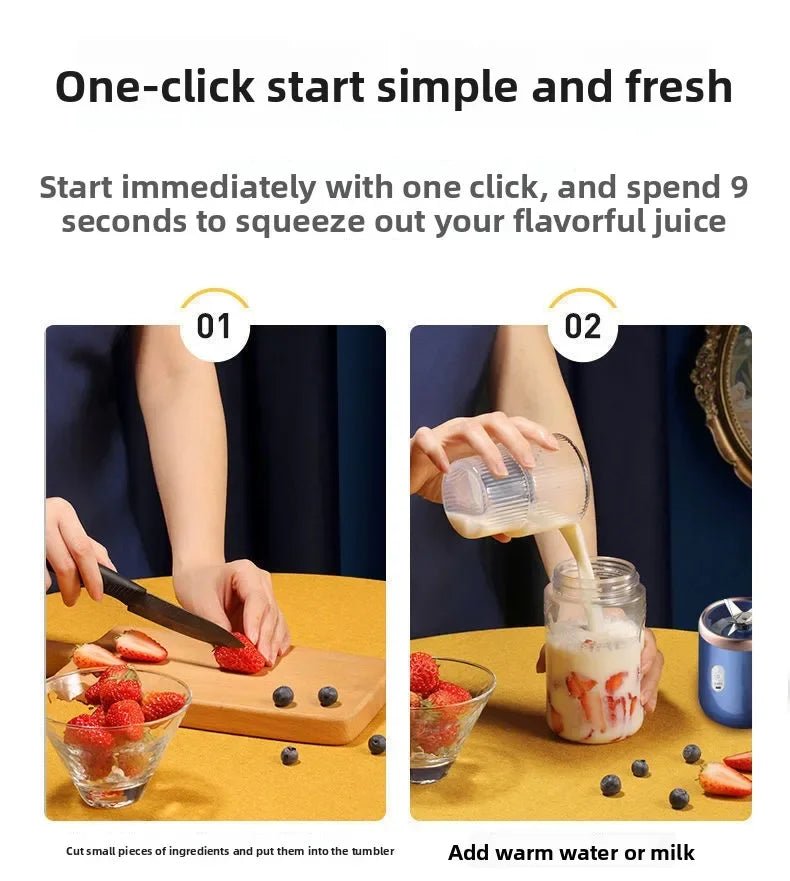 Liquidificador portátil de frutas Esencia, mini elétrico com 6 lâminas, ideal para sucos e smoothies em casa ou na viagem.