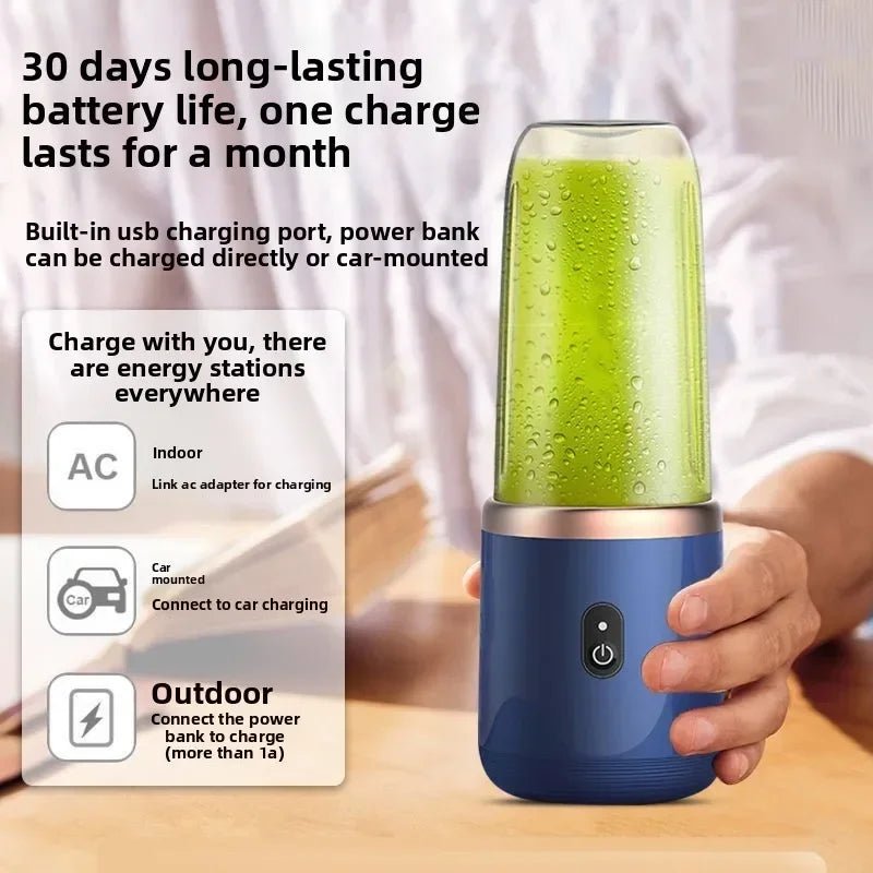 Liquidificador portátil de frutas da marca esen-cia, mini elétrico com 6 lâminas, ideal para sucos no verão e uso doméstico.