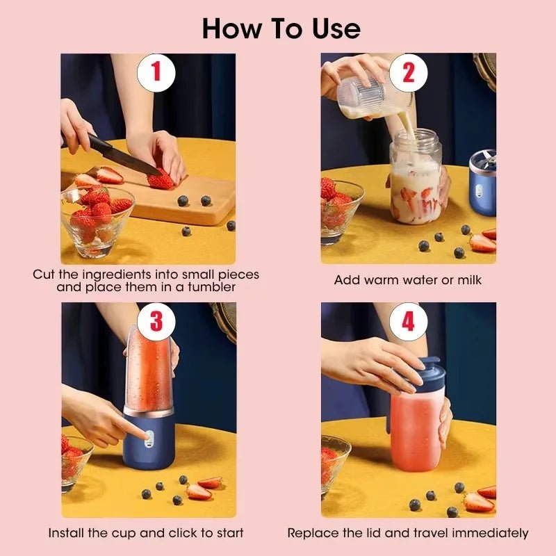 Liquidificador portátil de frutas Esen-cia, mini elétrico com 6 lâminas, copo de suco para uso doméstico, USB e compacto.