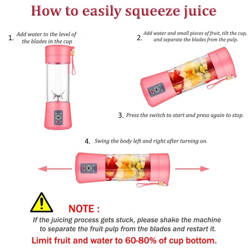 Liquidificador portátil esen-cia com copo de suco USB, motor potente e 6 lâminas para smoothies e alimentos para bebês.