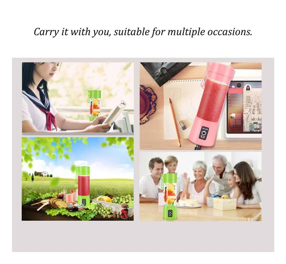 Copo de liquidificador portátil Esen-cia com seis lâminas e motor potente, ideal para sucos e alimentos de bebê, com bateria recarregável.