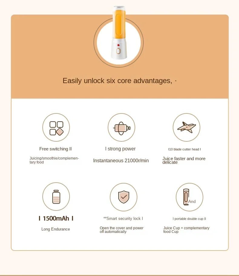 Liquidificador portátil esen-cia, misturador elétrico sem fio para frutas, com 10 lâminas para sucos de laranja e gelo.