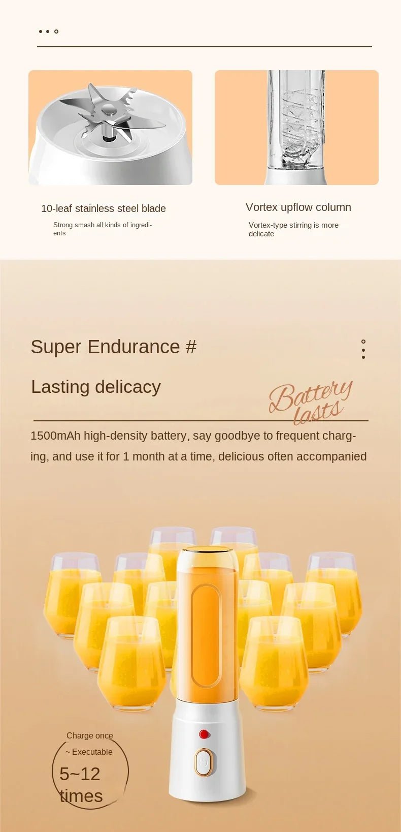 Liquidificador portátil esen-cia, mixer elétrico sem fio para frutas, suco de laranja e gelo, com 10 lâminas para triturar.