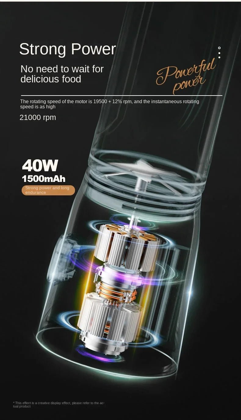 Liquidificador portátil esen-cia, misturador elétrico sem fio para sucos de frutas, com lâminas de aço inox e design compacto.
