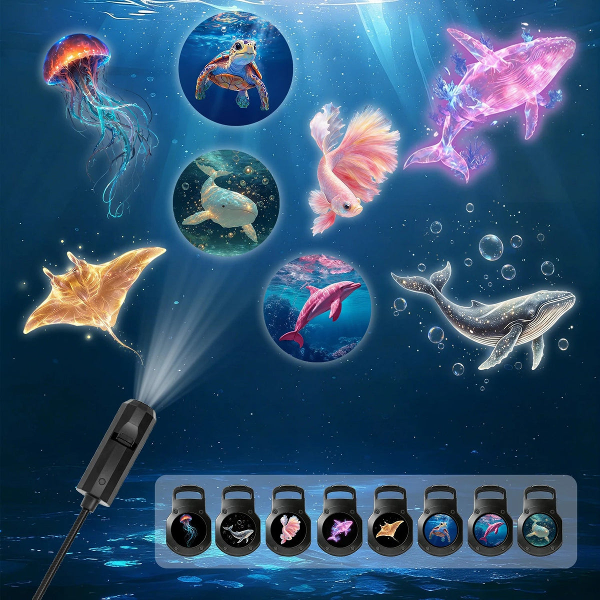 Luz portátil de projeção marinha da esen-cia com painéis de luz de peixe, baleia e tartaruga, USB, rotação de 360 graus