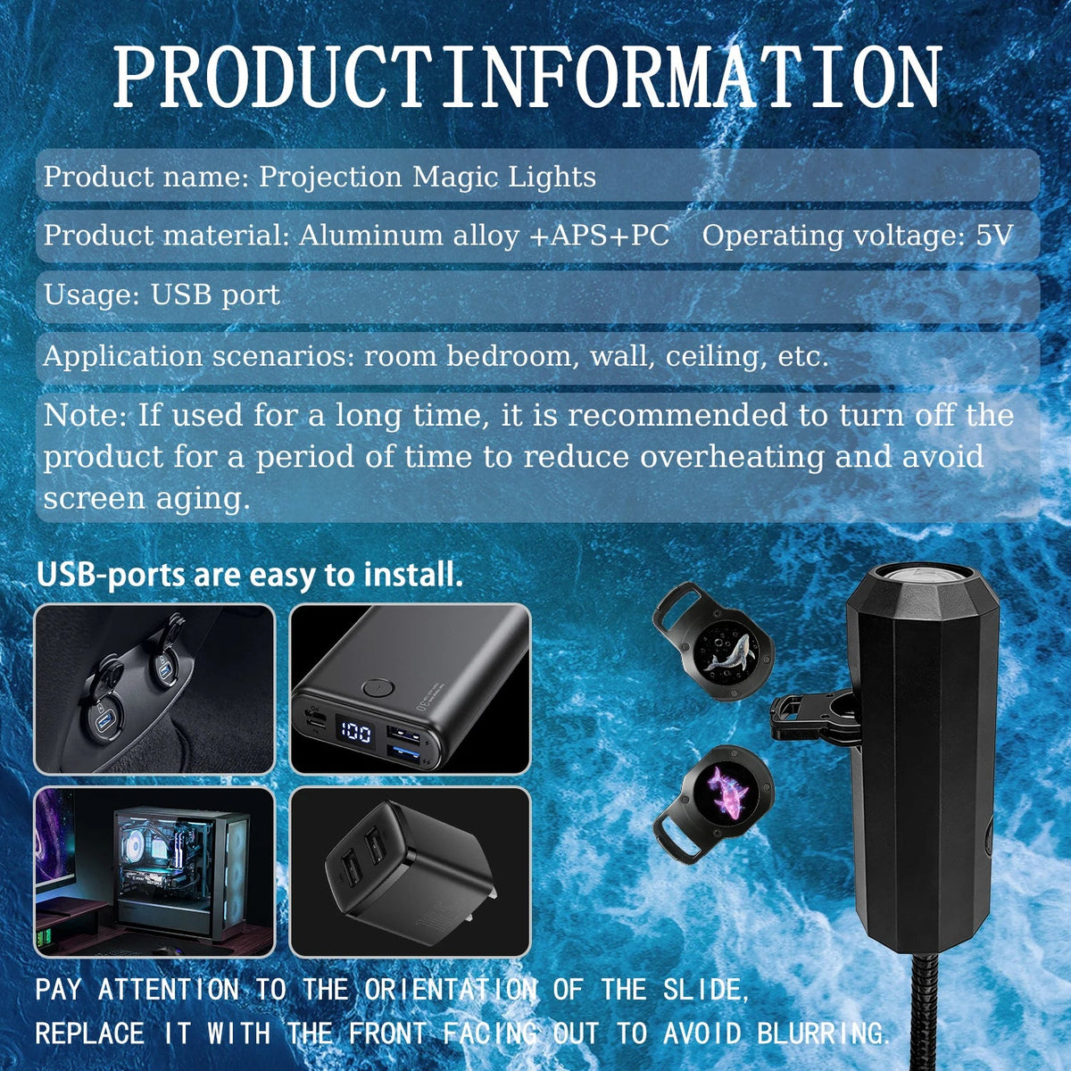 Luz de projeção marinha portátil esen-cia com painéis de peixes, baleias e tartarugas, USB, rotação 360° para ambiente aquático