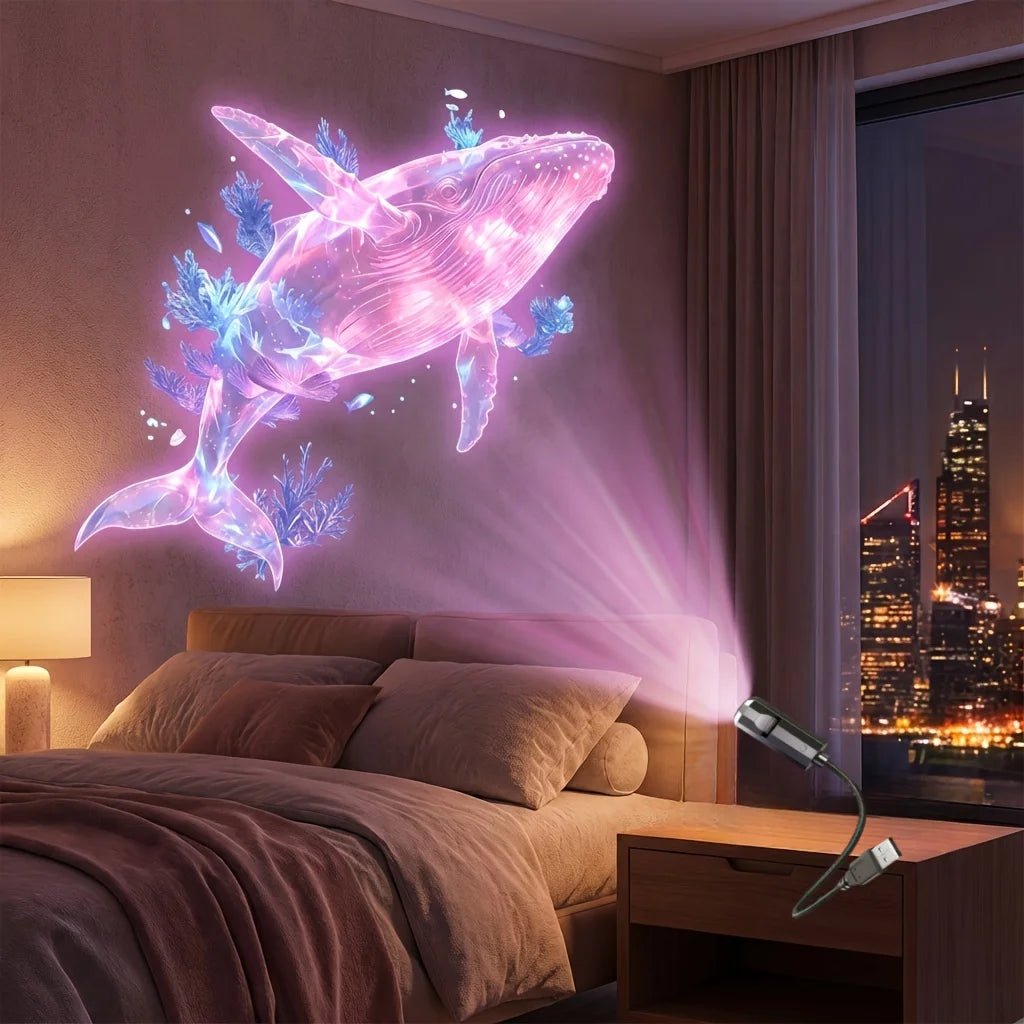 Luz de projeção marinha portátil Esen-cia com 8 painéis de luz de criaturas do mar, como baleia, tartaruga e águas-vivas, USB.