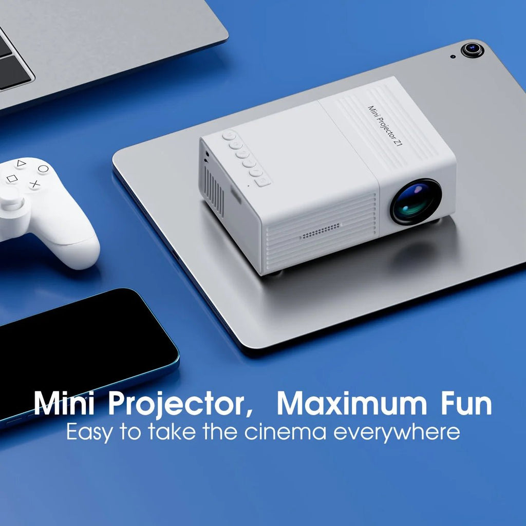 Projetor portátil esen-cia com suporte a 1080P, conexão USB, controle remoto e compatível com smartphones, tablets e laptops.