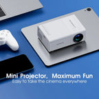 Projetor portátil esen-cia com suporte a 1080P, conexão USB, controle remoto e compatível com smartphones, tablets e laptops.