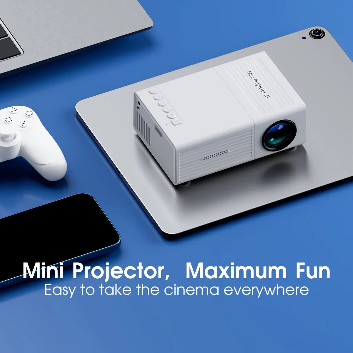 Projetor portátil esen-cia com suporte a 1080P, conexão USB, controle remoto e compatível com smartphones, tablets e laptops.