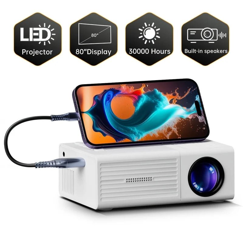 Projetor portátil Esen-cia com suporte 1080P, conexão USB, controle remoto e compatível com smartphones, tablets e laptops.