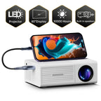 Projetor portátil esen-cia com suporte a 1080P, conexão USB, controle remoto e compatível com smartphones, tablets e laptops.