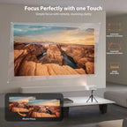 Projetor portátil Esen-cia com suporte 1080P, conexão USB e controle remoto, compatível com smartphones, tablets e laptops.