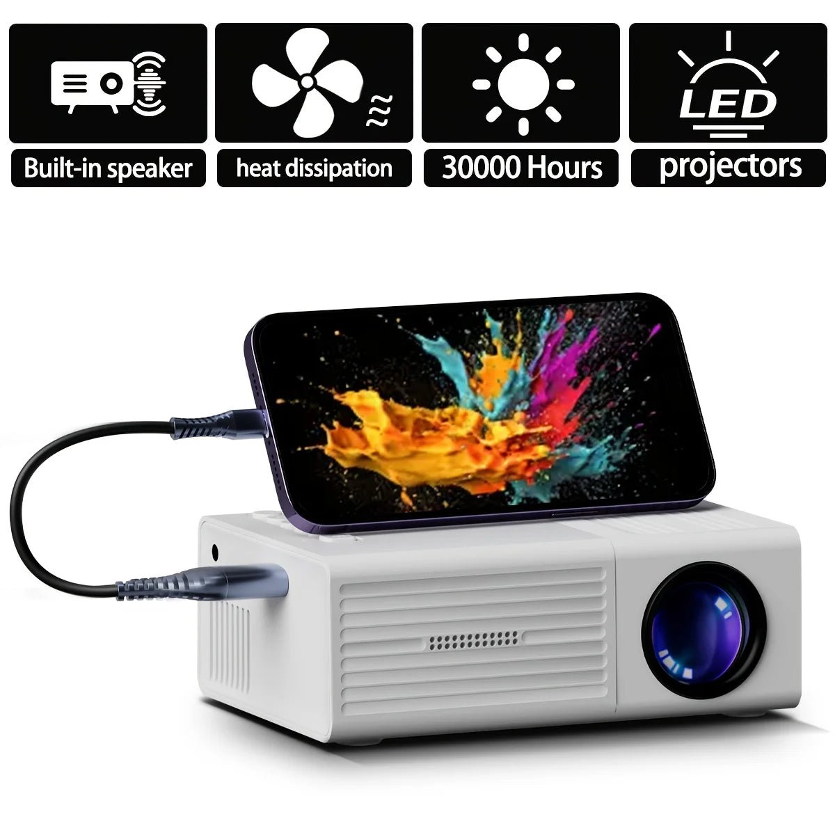 Projetor portátil esen-cia com suporte 1080p, conexão USB, controle remoto e compatível com smartphones, tablets e laptops.