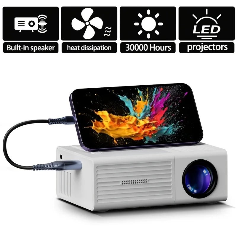 Projetor portátil Esen-cia com suporte 1080P, conexão USB, controle remoto e compatível com smartphones, tablets e laptops.