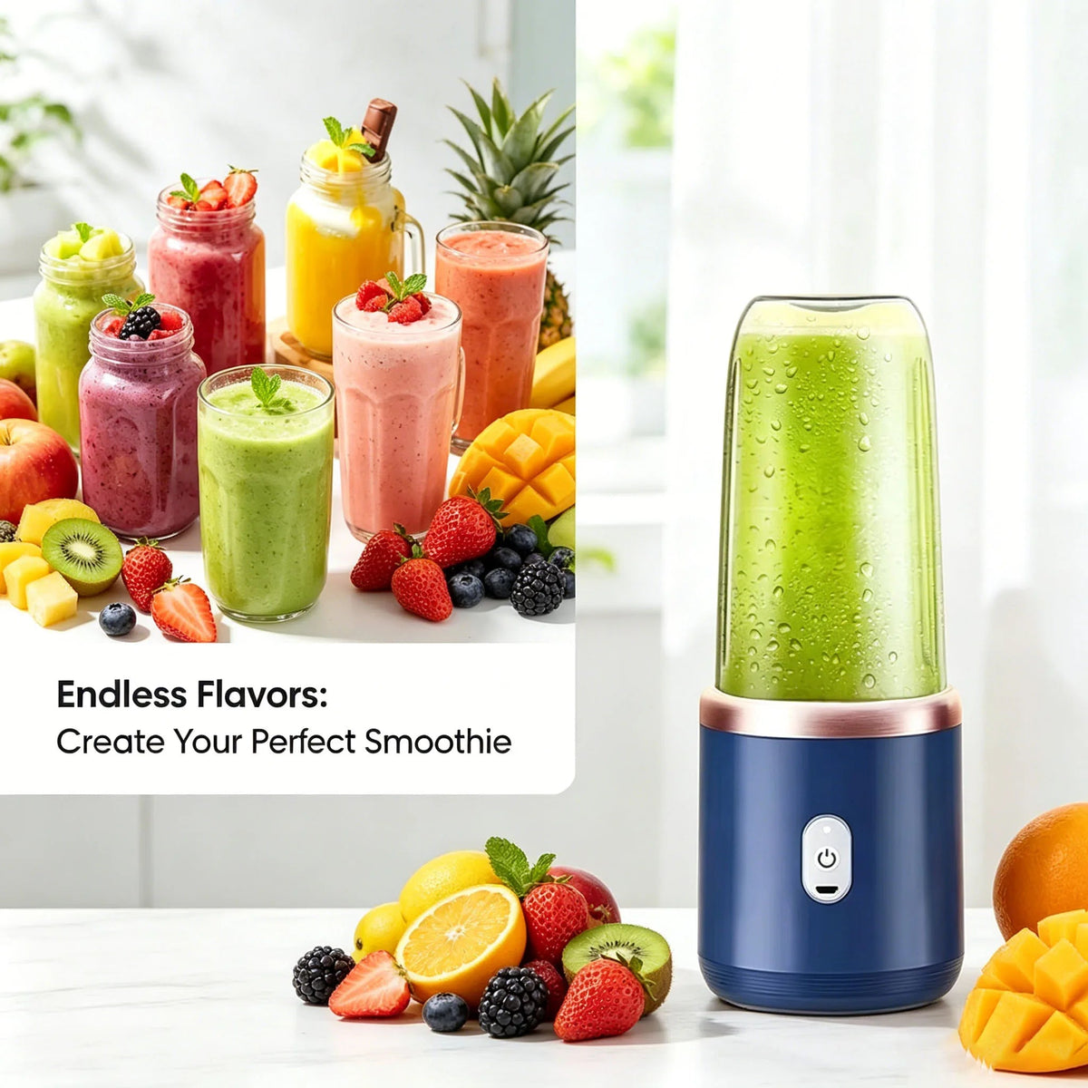 Copo de mini liquidificador USB recarregável portátil esen-cia com 6 lâminas, ideal para smoothies na academia, cozinha ou viagem.
