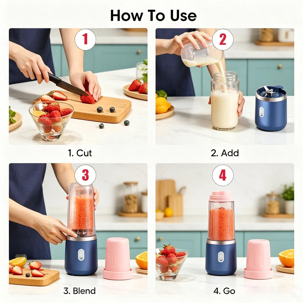 Liquidificador portátil USB recarregável Esen-cia, mini liquidificador de 400ml com 6 lâminas para smoothies e sucos.