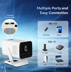 Projetor portátil PROGAGA PG310 da esen-cia com suporte 4K, Android, conexão Bluetooth, ideal para home theater e vídeos ao ar livre.