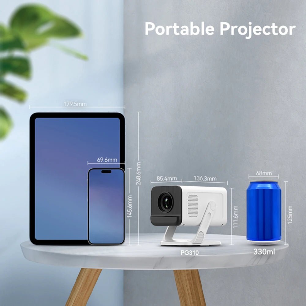 Projetor portátil Esen-cia PROGAGA PG310, mini, 4K, 1080P, 720P, Android, com Bluetooth e suporte para home theater e vídeos ao ar livre.