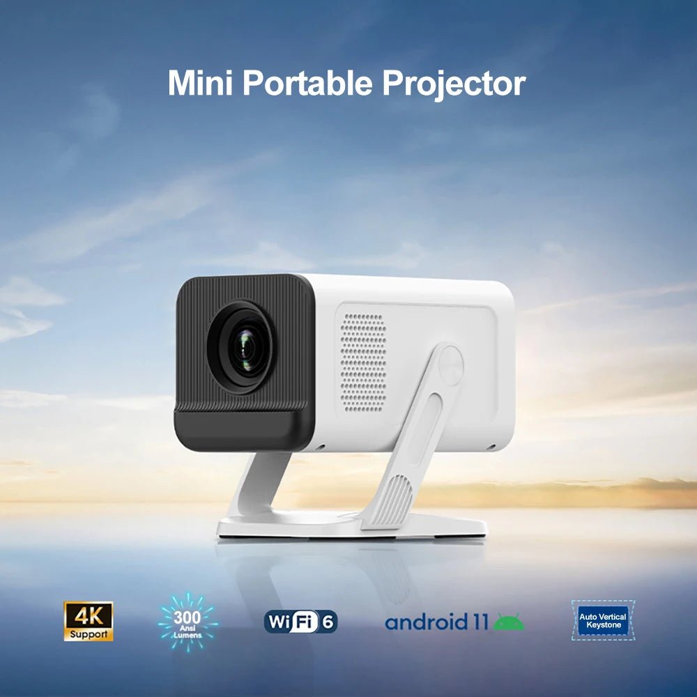 Projetor portátil esen-cia PROGAGA PG310 com resolução 4K, Android, conexão Bluetooth e design compacto para cinema em casa ou ao ar livre.