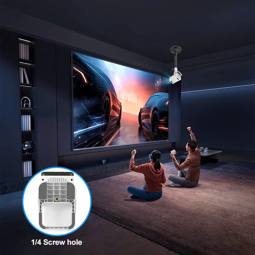 Projetor portátil PROGAGA PG310 da esen-cia com resolução 4K, Android, conexão Bluetooth e tela de cinema ao ar livre.