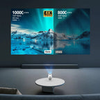 Projetor portátil PROGAGA PG310 da esen-cia com tela de projeção, conexão Bluetooth, e suporte 4K, 1080P e 720P para cinema em casa e ao ar livre.