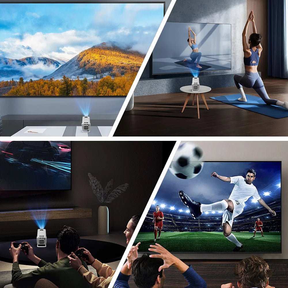 Projetor portátil esen-cia PROGAGA PG310 com resolução 4K, Android, conexão Bluetooth e tela de vídeo para casa ou ao ar livre.