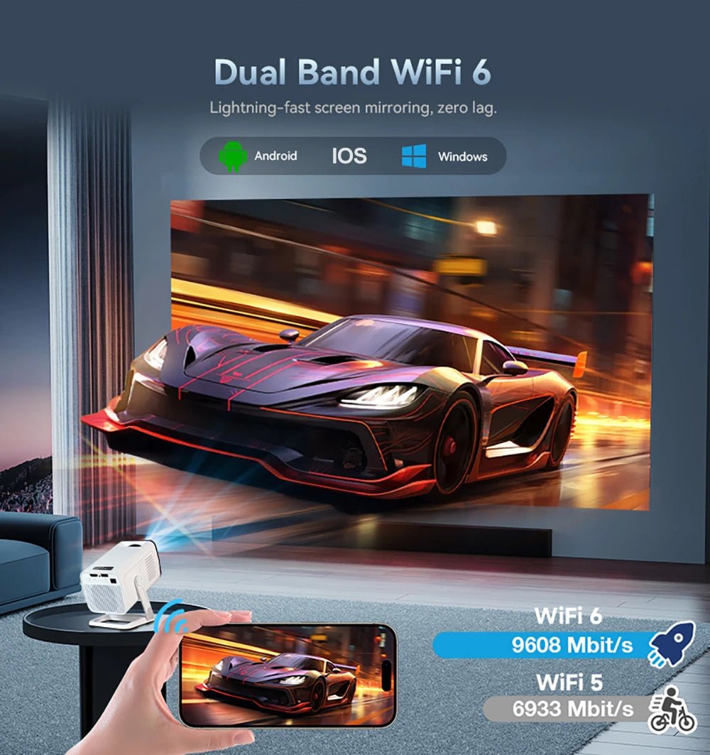 Projetor portátil PROGAGA PG310 da esen-cia com resolução 4K, Android, conexão Bluetooth 5.4 e tela de vídeo em casa ou ao ar livre.