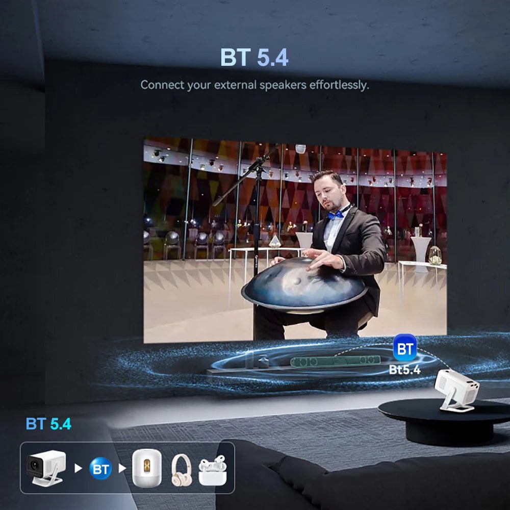 Projetor portátil Esen-cia PG310 com suporte 4K, Android, conexão Bluetooth, ideal para home theater e uso ao ar livre.