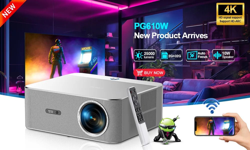 Projetor portátil PROGAGA PG310 com tela 4K, 1080P, Android, conexão Bluetooth e design compacto para cinema em casa e ao ar livre.