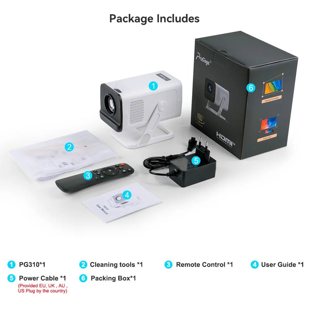 Projetor portátil PROGAGA PG310 da esen-cia com resolução 4K, Android, conexão Bluetooth e iluminação de 300Ansi para home theater ao ar livre.