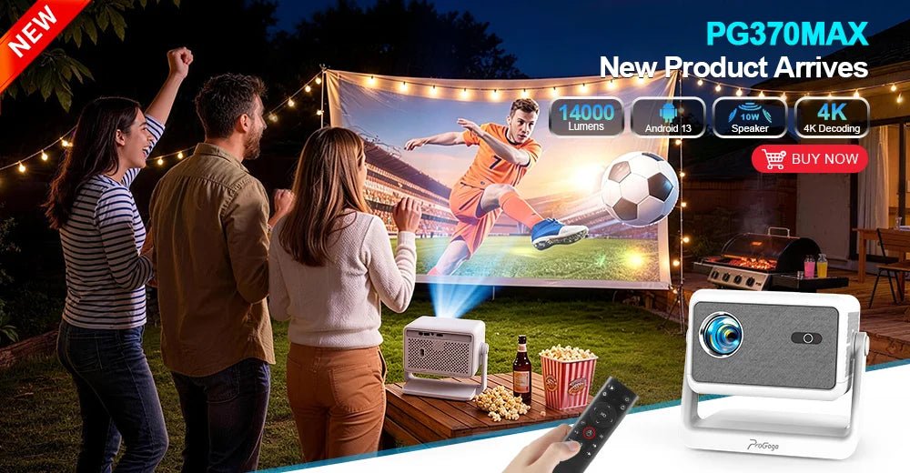 Projetor portátil PROGAGA PG310 da esen-cia com resolução 4K, Android, conexão Bluetooth e design compacto para cinema em casa e ao ar livre.