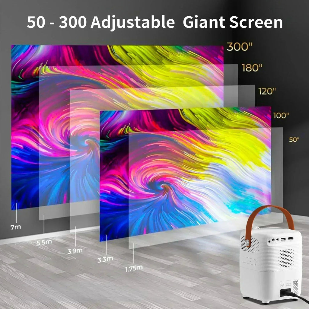 Projetor portátil T11 Esen-cia com resolução HD, 1200 ANSI Lumens, conexão Wi-Fi dual band, tela grande para entretenimento doméstico.
