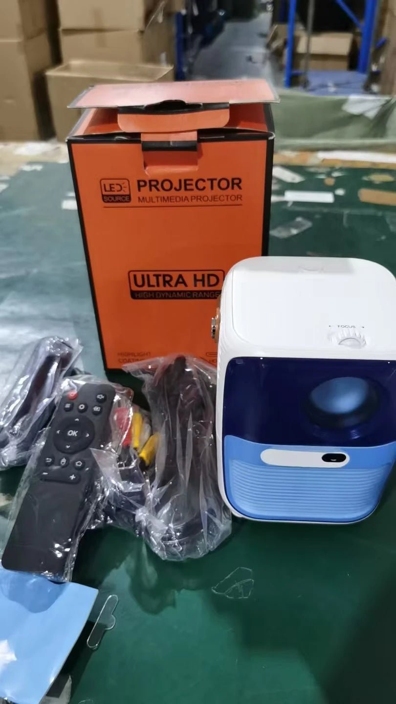 Projetor portátil Esen-cia T11 com resolução 1080P, brilho 1200 ANSI, conexão dual band Wi-Fi, tela grande para entretenimento.