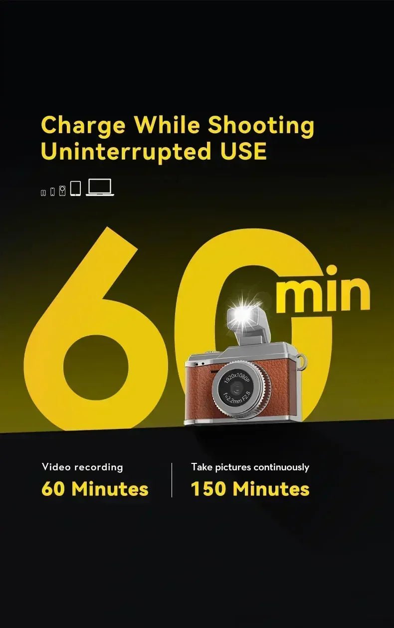 Câmera de vídeo mini portátil Esen-cia com tela de 0,96 polegadas, design leve, ideal para viagens e coleções.